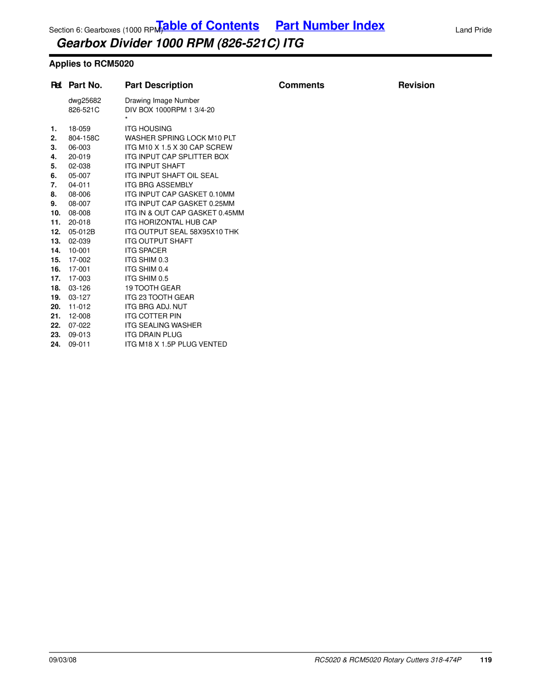 Land Pride RC5020 ITG Housing 804-158C Washer Spring Lock M10 PLT, ITG Input CAP Splitter BOX, ITG Input Shaft, ITG Spacer 