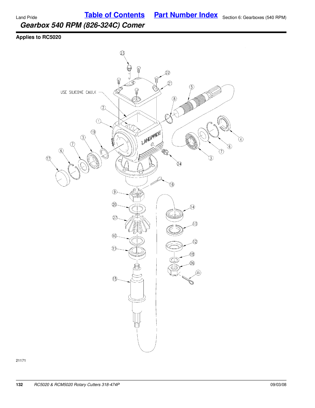 Land Pride RC5020 manual Gearbox 540 RPM 826-324C Comer 