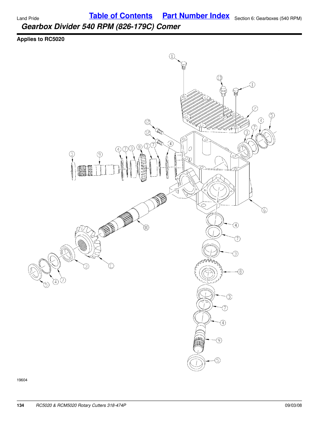 Land Pride RC5020 manual Gearbox Divider 540 RPM 826-179C Comer 
