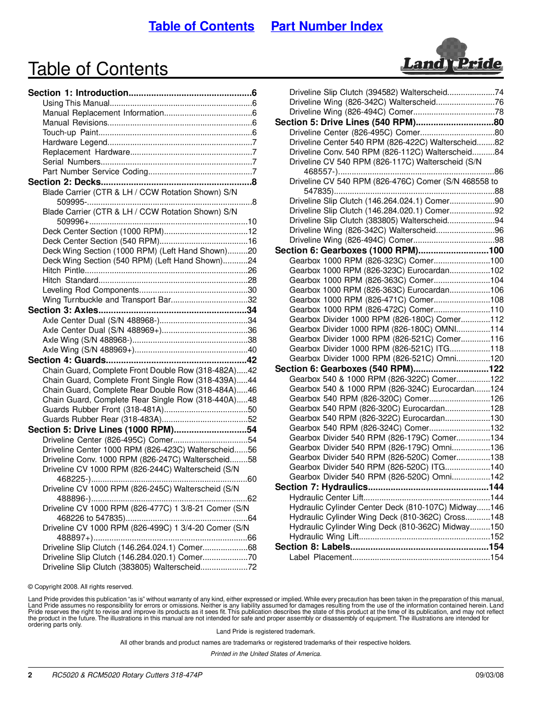 Land Pride RC5020 manual Table of Contents 