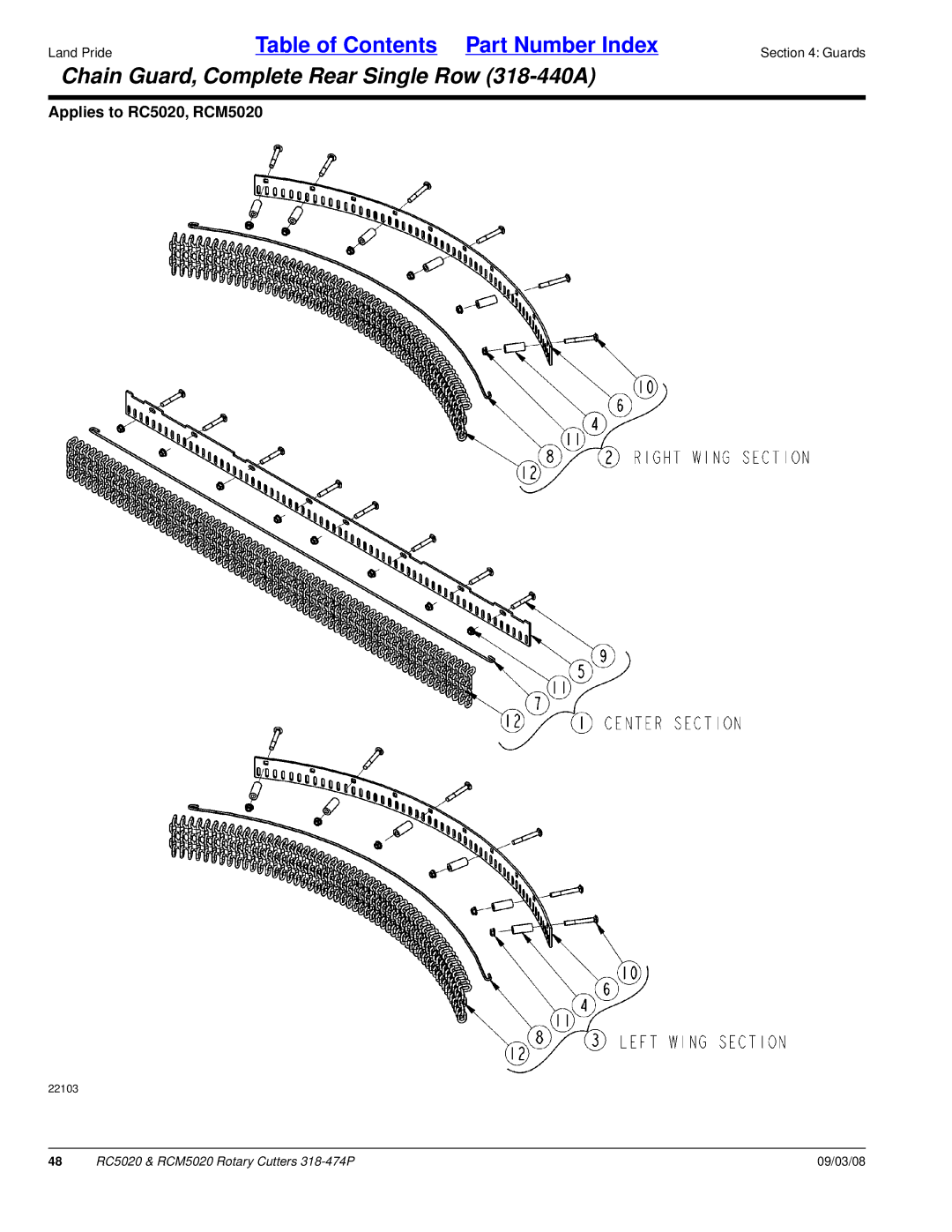 Land Pride RC5020 manual Chain Guard, Complete Rear Single Row 318-440A 