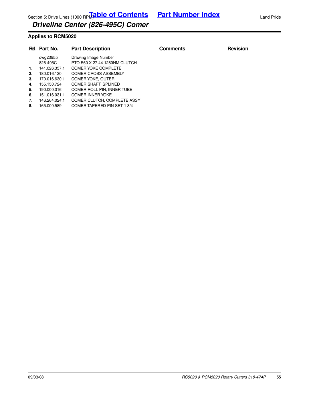 Land Pride RC5020 manual Comer Cross Assembly, Comer Roll PIN, Inner Tube, Comer CLUTCH, Complete Assy 