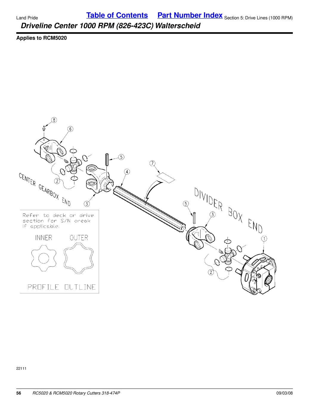 Land Pride RC5020 manual Driveline Center 1000 RPM 826-423C Walterscheid 