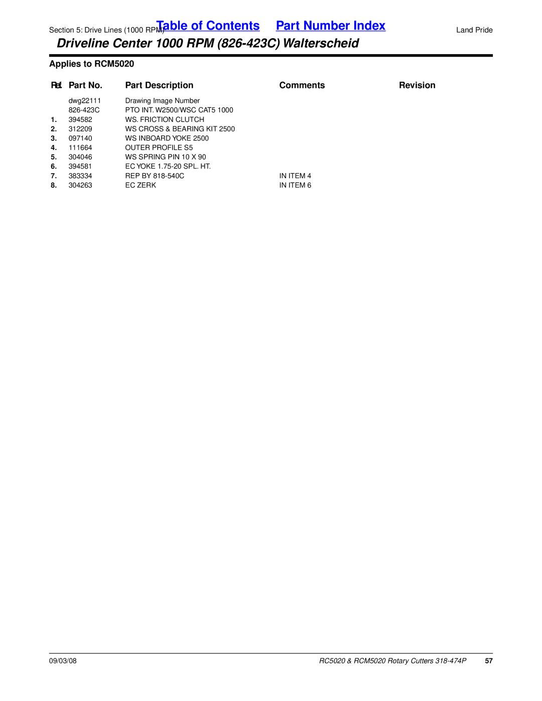 Land Pride RC5020 manual WS. Friction Clutch, WS Cross & Bearing KIT, WS Inboard Yoke, Outer Profile S5, WS Spring PIN 10 X 