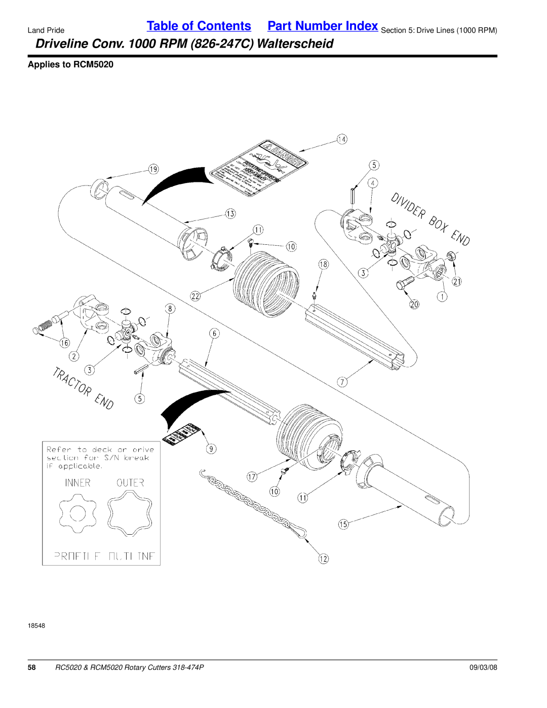 Land Pride RC5020 manual Driveline Conv RPM 826-247C Walterscheid 