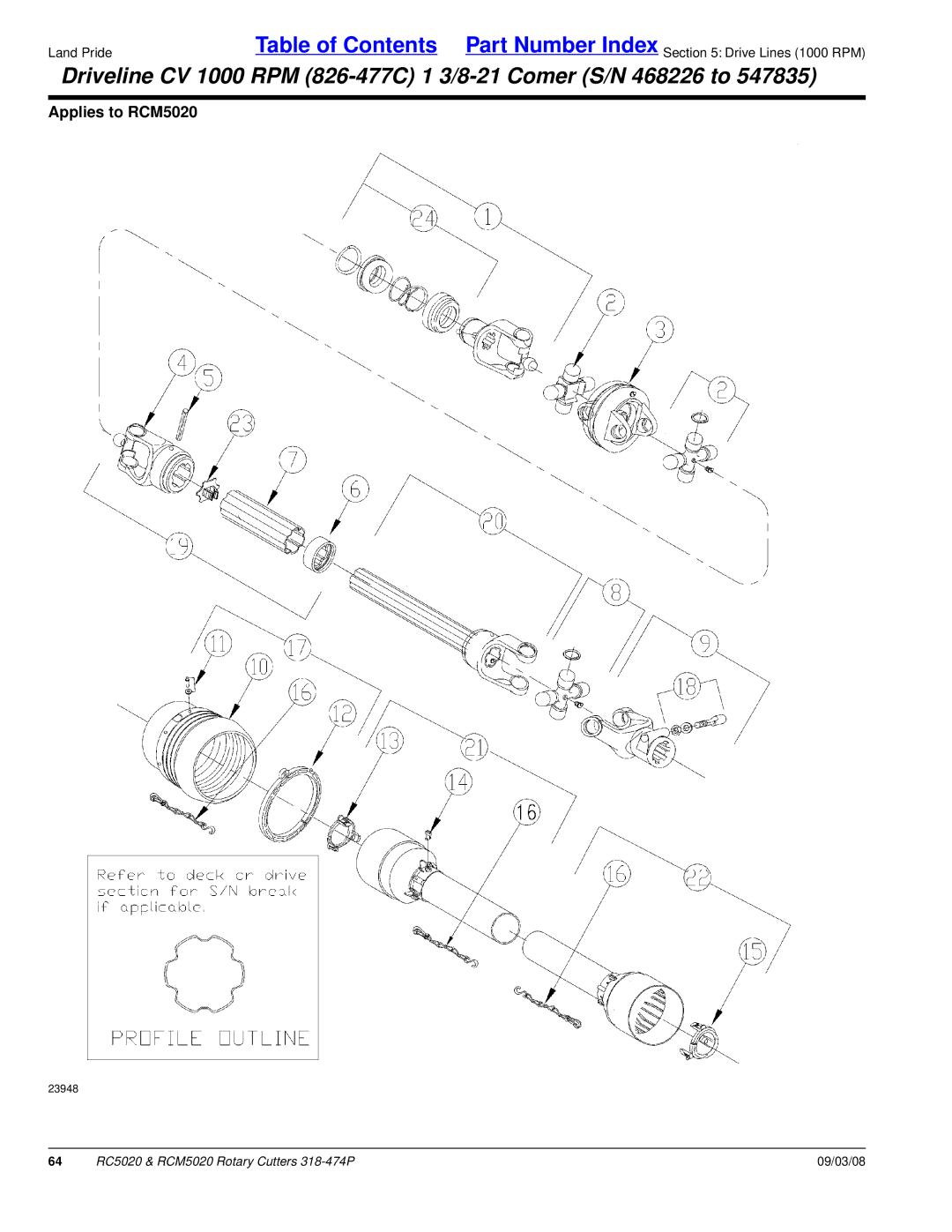 Land Pride RC5020 manual Driveline CV 1000 RPM 826-477C 1 3/8-21 Comer S/N 468226 to 