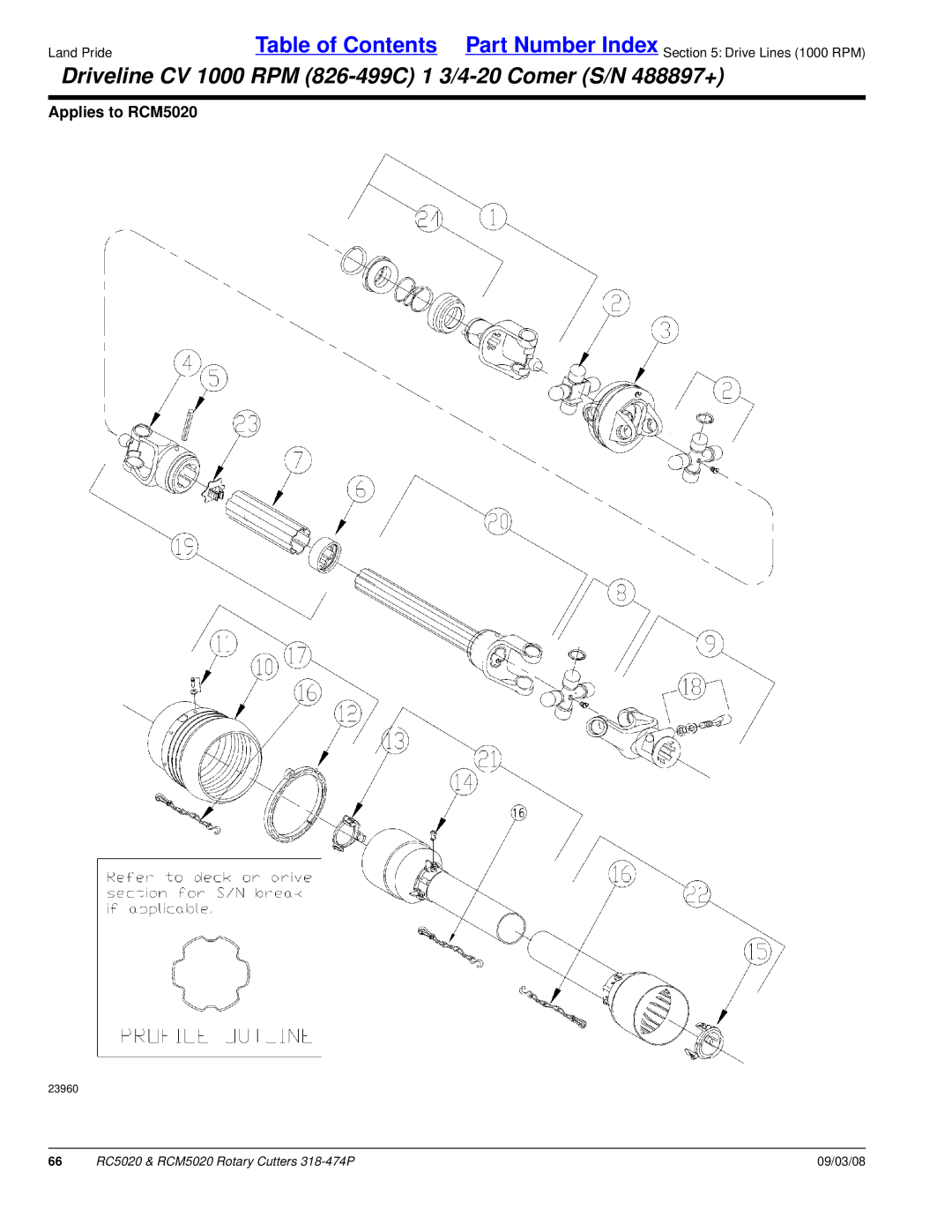 Land Pride RC5020 manual Driveline CV 1000 RPM 826-499C 1 3/4-20 Comer S/N 488897+ 