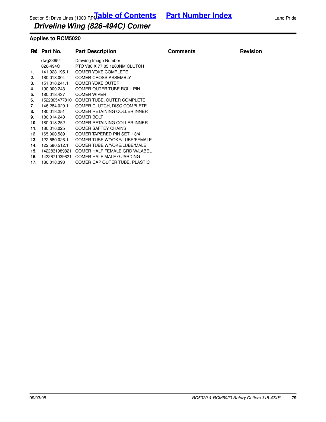 Land Pride RC5020 manual 13 .580.026.1 Comer Tube W/YOKE/LUBE/FEMALE, 17 .018.393 Comer CAP Outer TUBE, Plastic 