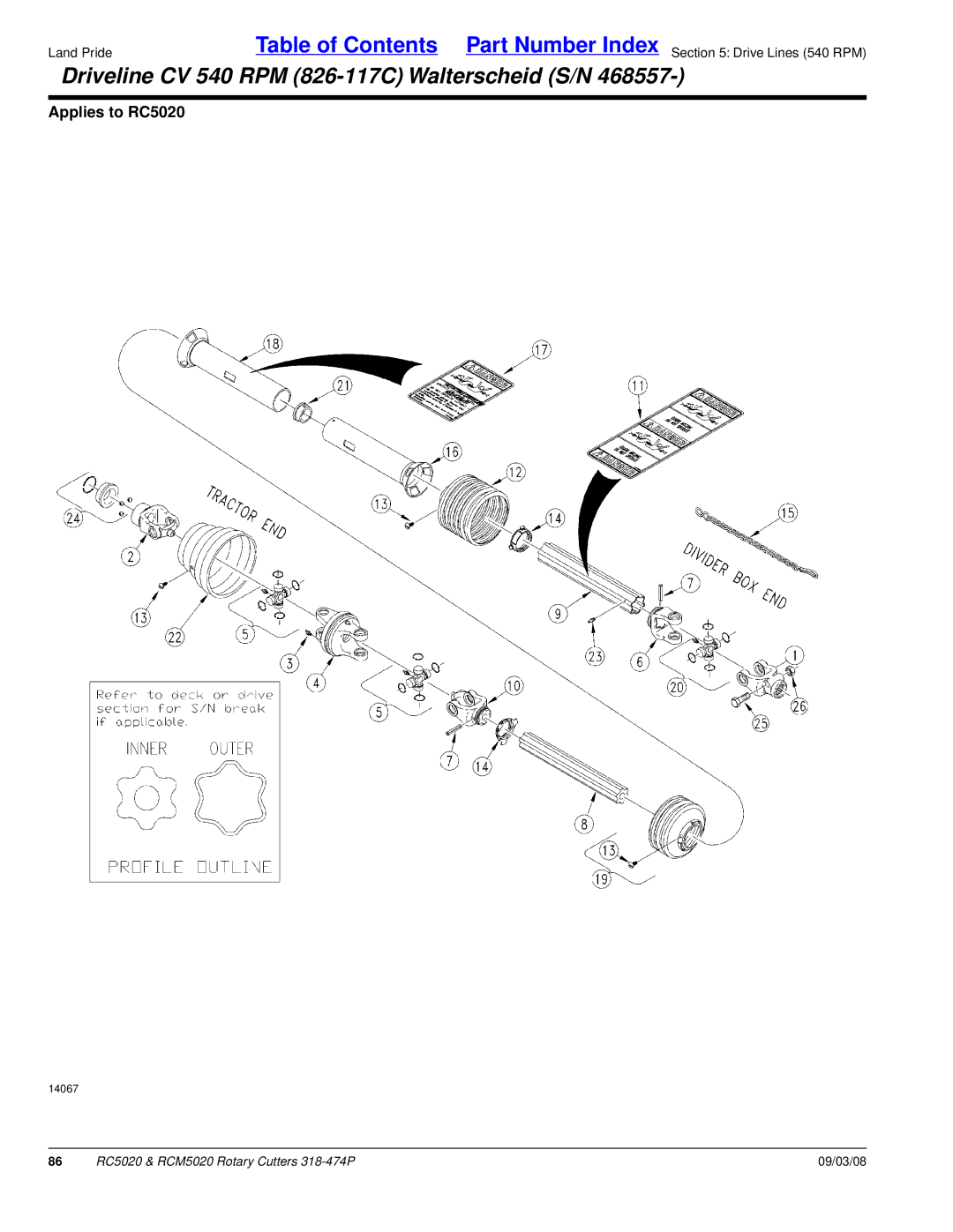 Land Pride RC5020 manual Driveline CV 540 RPM 826-117C Walterscheid S/N 