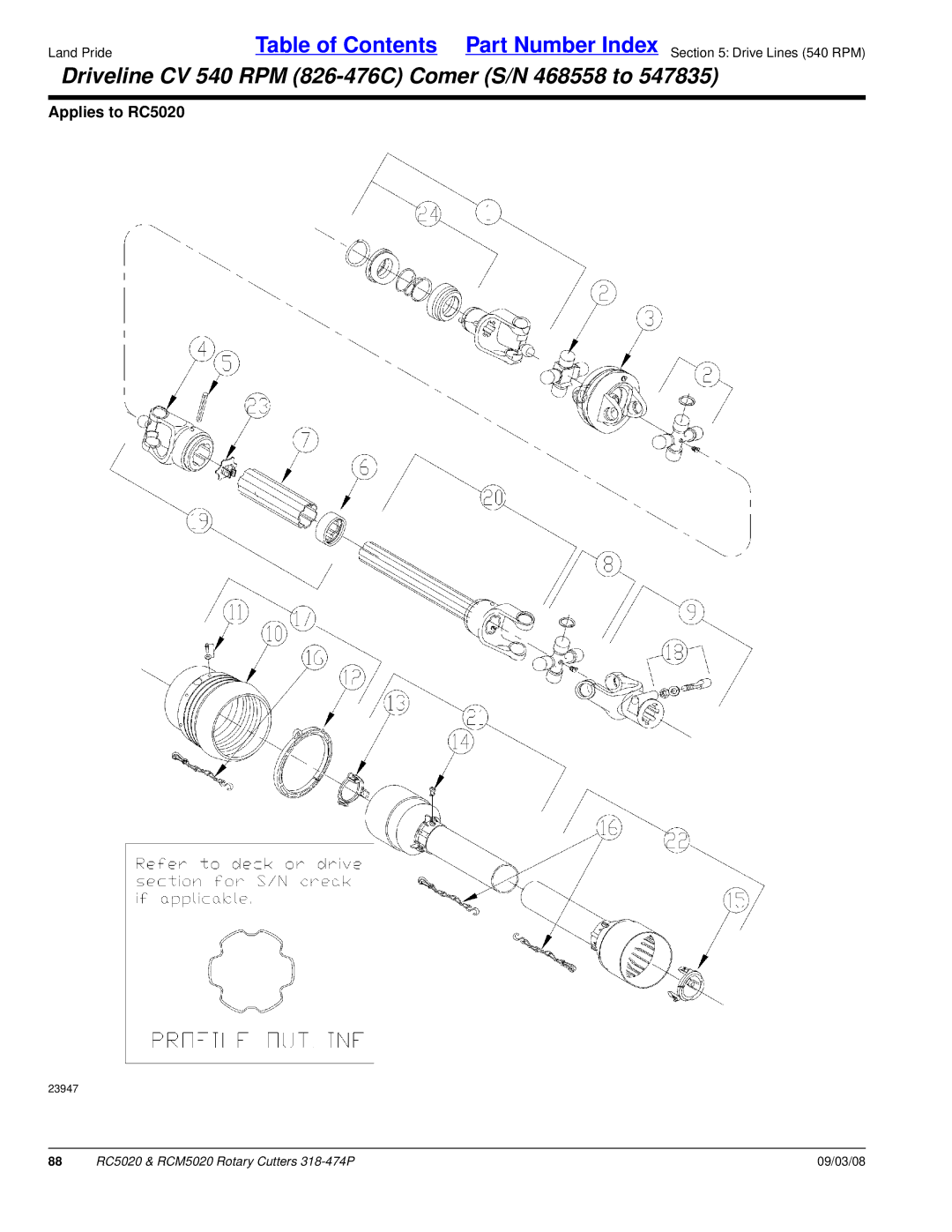 Land Pride RC5020 manual Driveline CV 540 RPM 826-476C Comer S/N 468558 to 