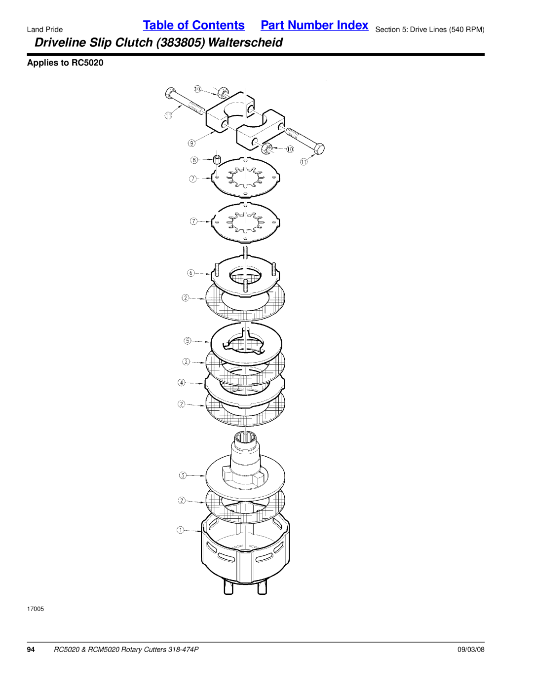 Land Pride RC5020 manual Driveline Slip Clutch 383805 Walterscheid 