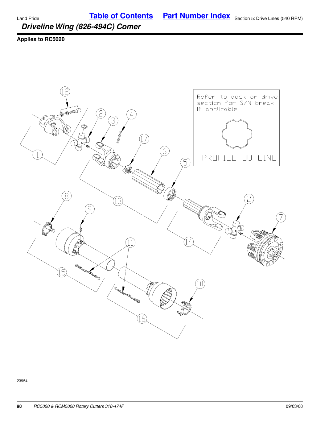 Land Pride RC5020 manual Driveline Wing 826-494C Comer 