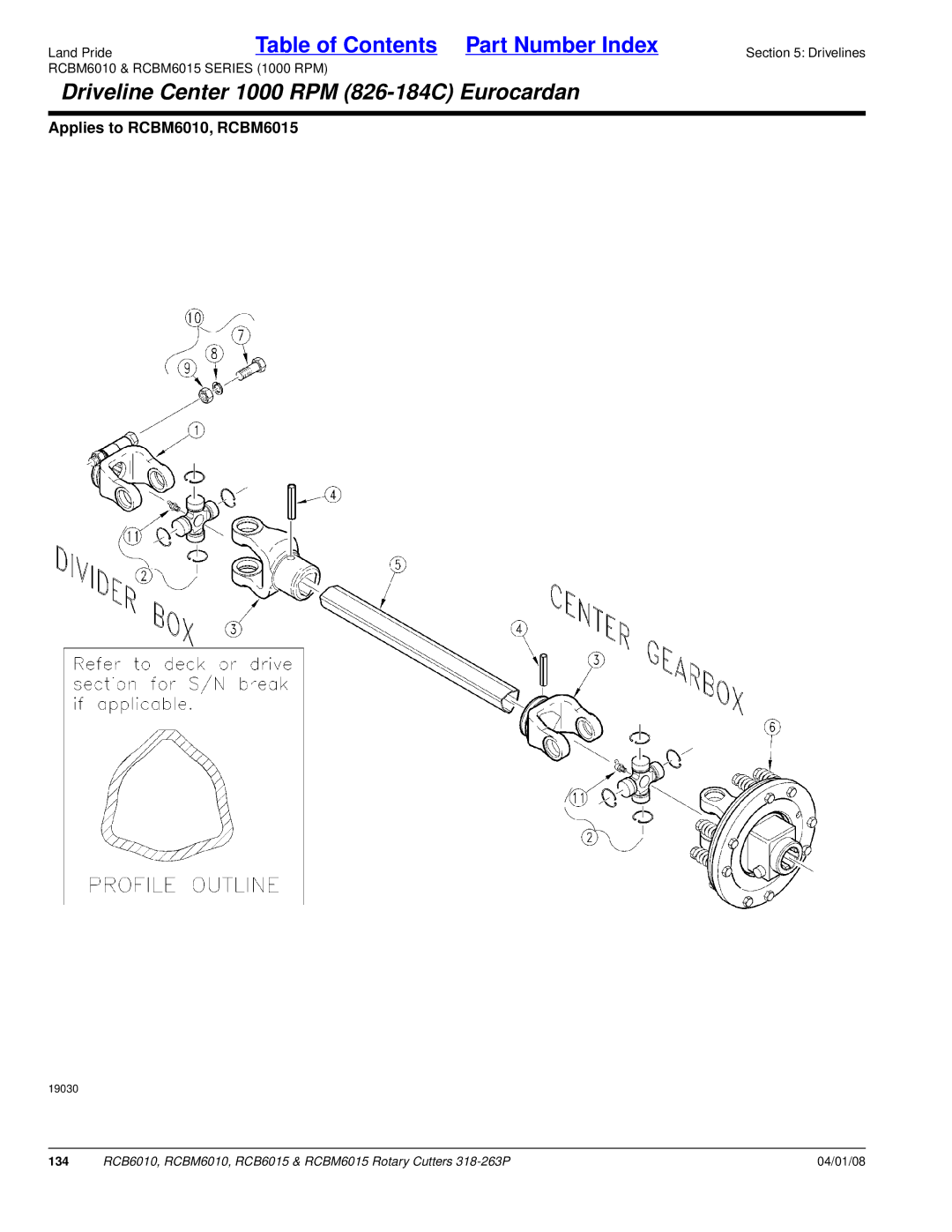 Land Pride RCB6010, RCBM6015, RCB6015, RCBM6010 manual Driveline Center 1000 RPM 826-184C Eurocardan 