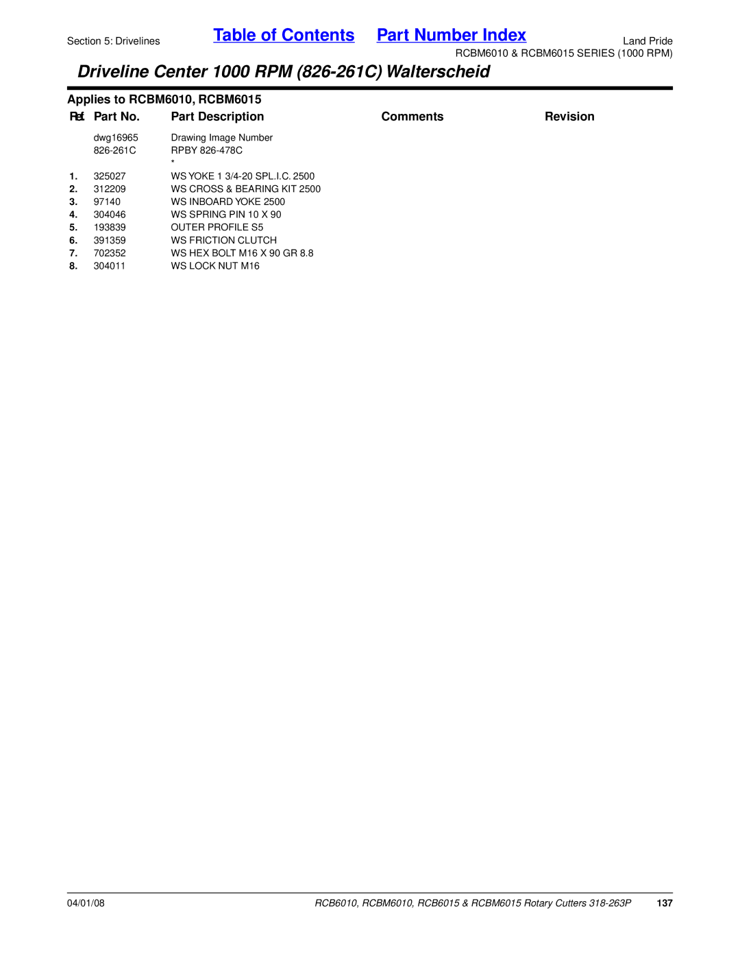 Land Pride RCB6015, RCBM6015, RCB6010, RCBM6010 manual WS Cross & Bearing KIT, Outer Profile S5 