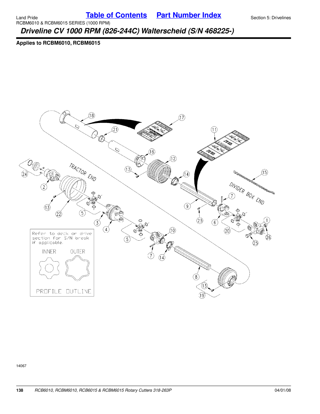 Land Pride RCB6010, RCBM6015, RCB6015, RCBM6010 manual Driveline CV 1000 RPM 826-244C Walterscheid S/N 