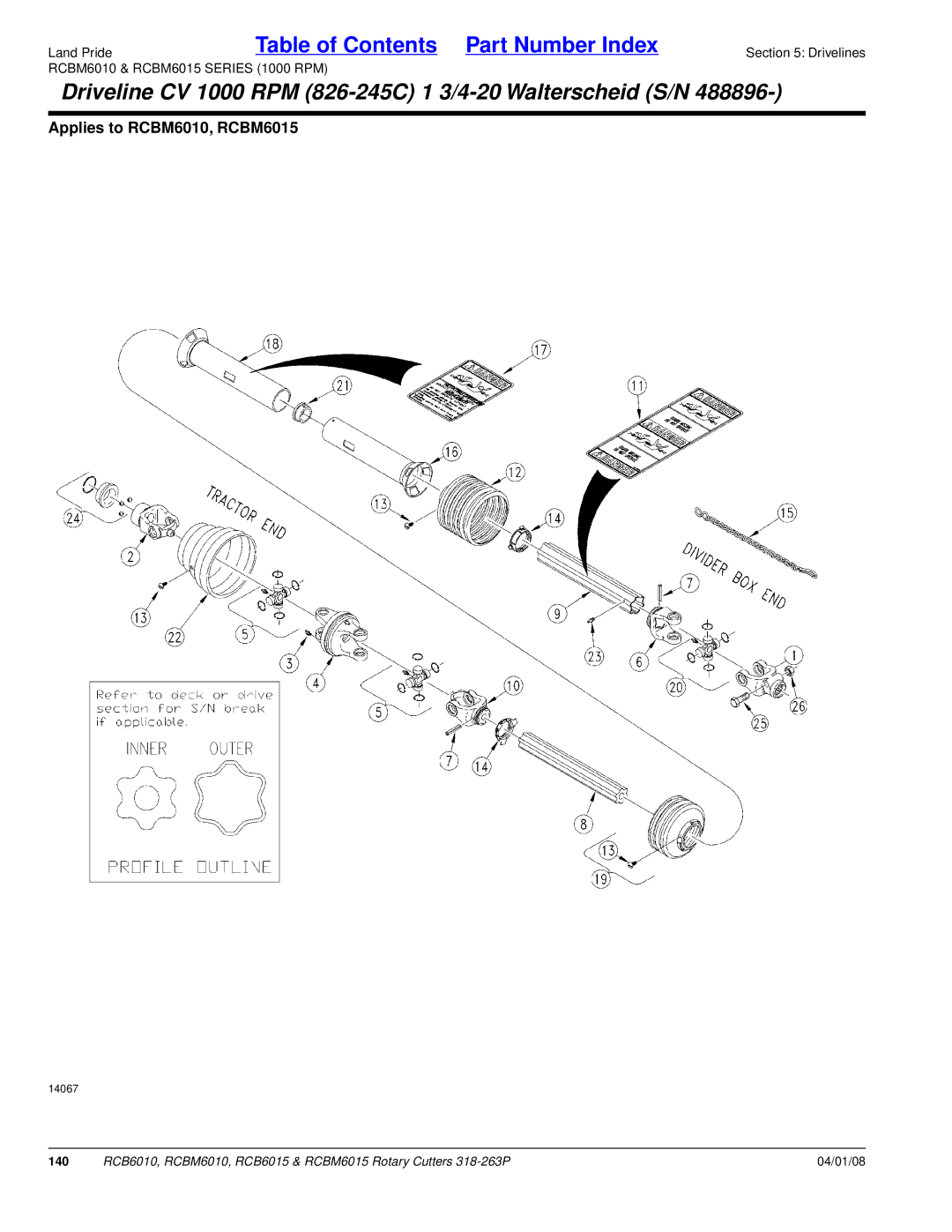 Land Pride RCBM6015, RCB6015, RCB6010, RCBM6010 manual Driveline CV 1000 RPM 826-245C 1 3/4-20 Walterscheid S/N 