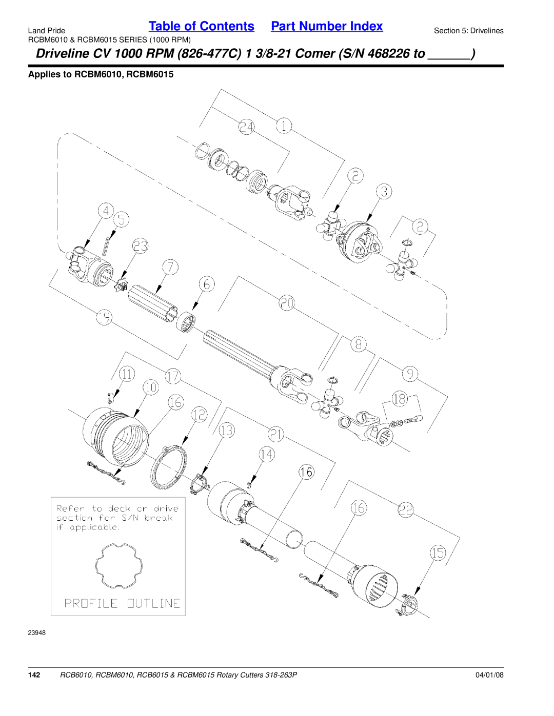 Land Pride RCB6010, RCBM6015, RCB6015, RCBM6010 manual Driveline CV 1000 RPM 826-477C 1 3/8-21 Comer S/N 468226 to 