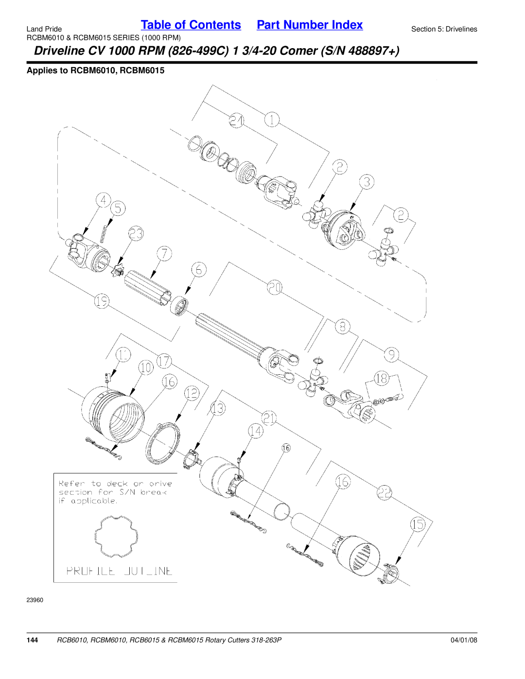 Land Pride RCBM6015, RCB6015, RCB6010, RCBM6010 manual Driveline CV 1000 RPM 826-499C 1 3/4-20 Comer S/N 488897+ 