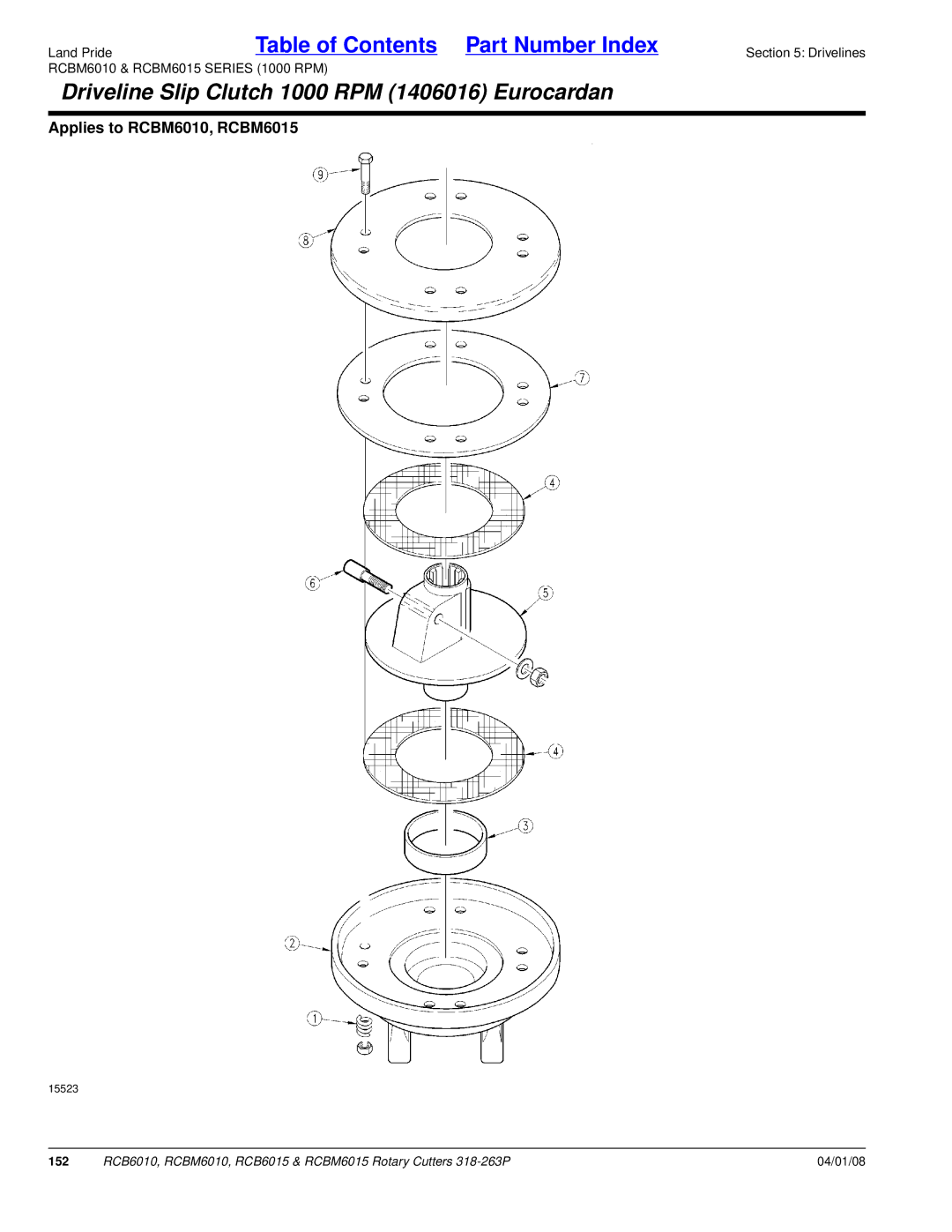 Land Pride RCBM6015, RCB6015, RCB6010, RCBM6010 manual Driveline Slip Clutch 1000 RPM 1406016 Eurocardan 