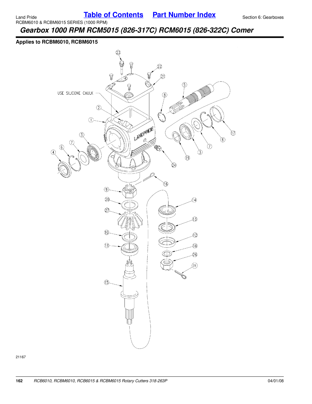 Land Pride RCB6010, RCBM6015, RCB6015, RCBM6010 manual Gearbox 1000 RPM RCM5015 826-317C RCM6015 826-322C Comer 