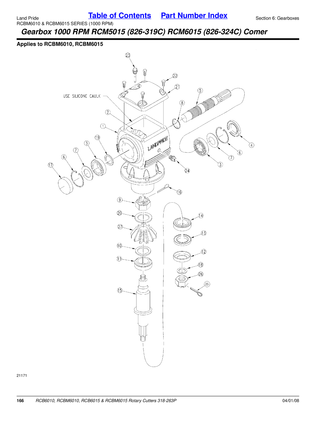 Land Pride RCB6010, RCBM6015, RCB6015, RCBM6010 manual Gearbox 1000 RPM RCM5015 826-319C RCM6015 826-324C Comer 