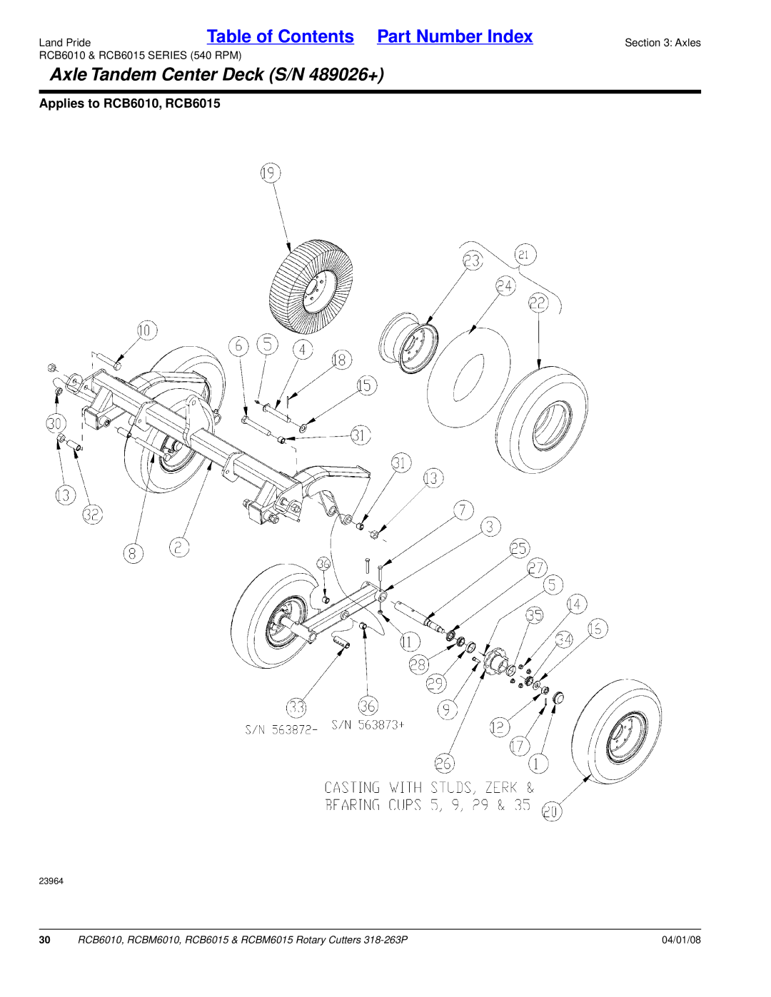 Land Pride RCB6010, RCBM6015, RCB6015, RCBM6010 manual Axle Tandem Center Deck S/N 489026+ 