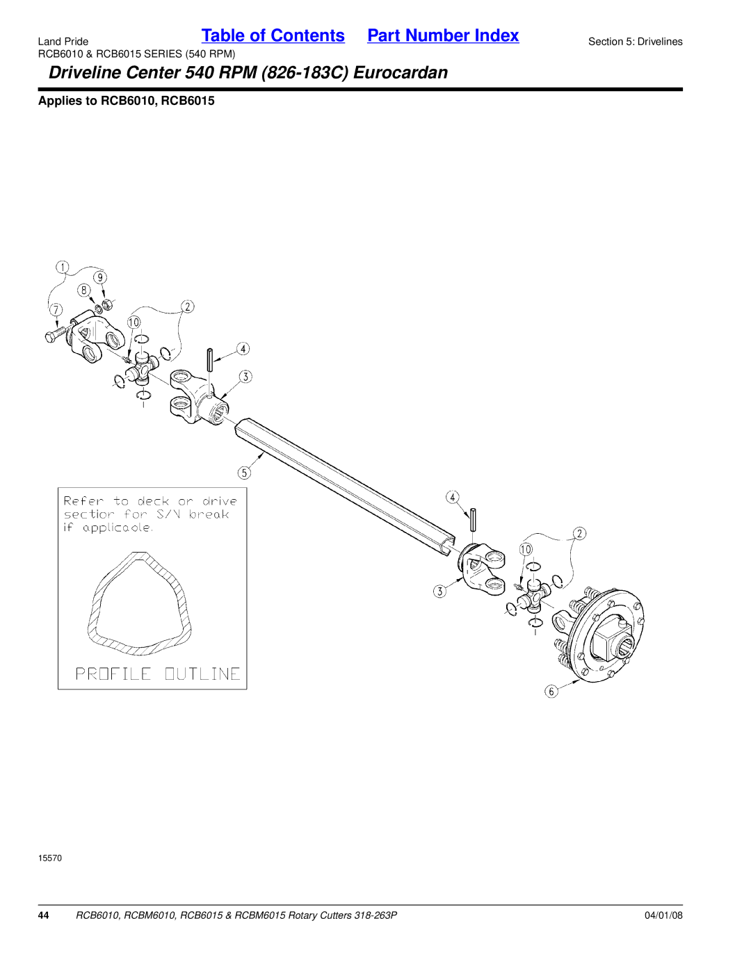 Land Pride RCBM6015, RCB6015, RCB6010, RCBM6010 manual Driveline Center 540 RPM 826-183C Eurocardan 