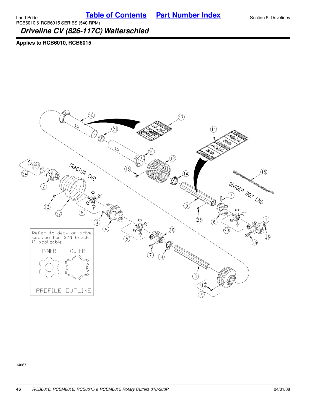 Land Pride RCB6010, RCBM6015, RCB6015, RCBM6010 manual Driveline CV 826-117C Walterschied 