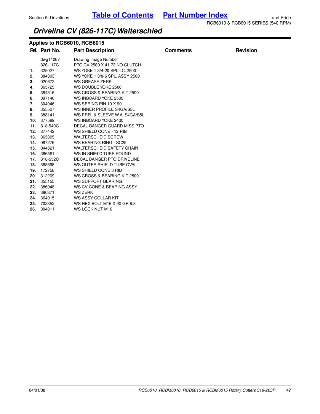 Land Pride RCBM6010 WS Grease Zerk, WS Double Yoke, WS Inner Profile S4GA/S5L, WS PRFL.& Sleeve W.A. S4GA/S5L, WS Zerk 