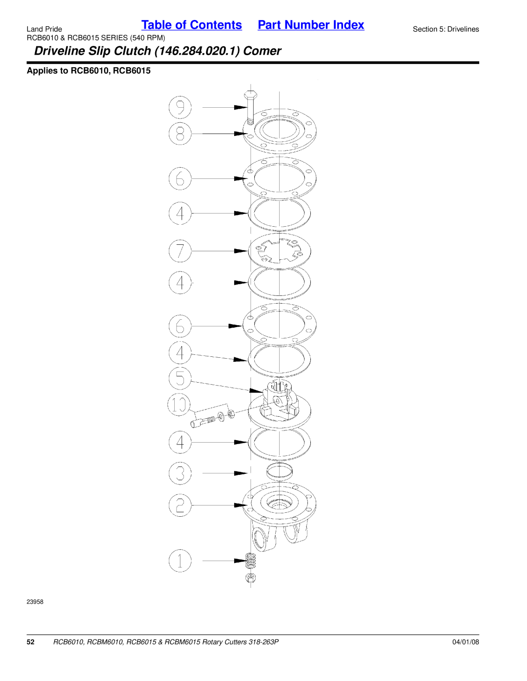 Land Pride RCBM6015, RCB6015, RCB6010, RCBM6010 manual Driveline Slip Clutch 146.284.020.1 Comer 