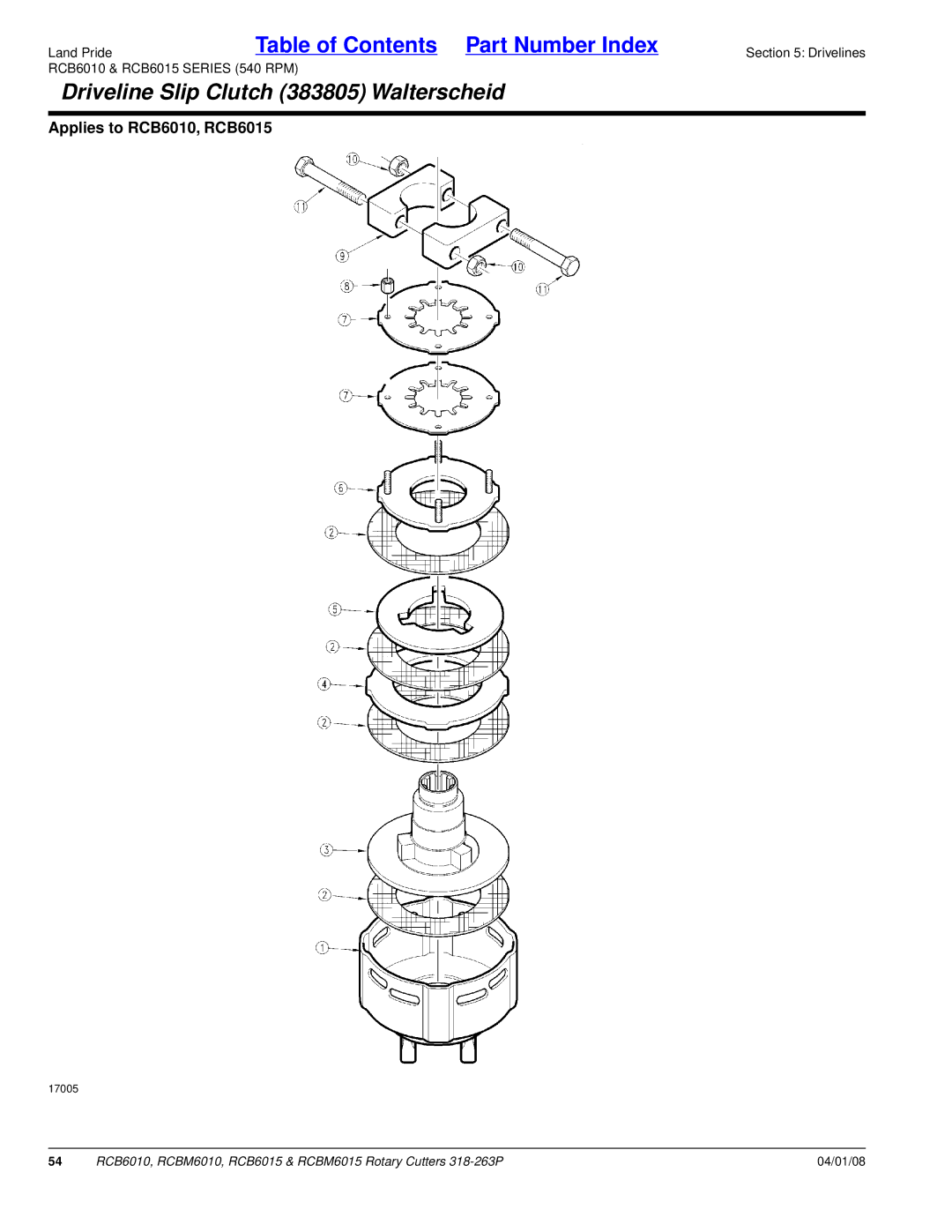 Land Pride RCB6010, RCBM6015, RCB6015, RCBM6010 manual Driveline Slip Clutch 383805 Walterscheid 