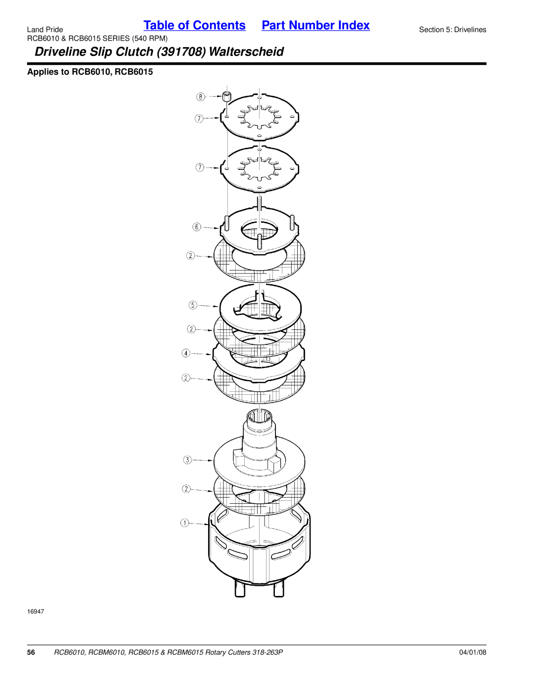 Land Pride RCBM6015, RCB6015, RCB6010, RCBM6010 manual Driveline Slip Clutch 391708 Walterscheid 