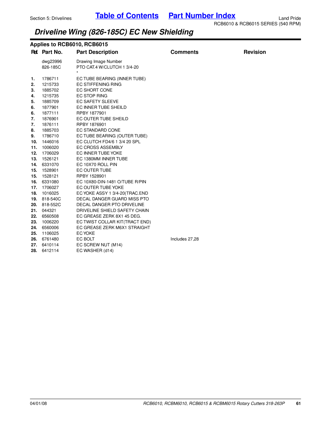 Land Pride RCB6015 EC Tube Bearing Inner Tube, EC Stiffening Ring, EC Short Cone, EC Stop Ring, EC Safety Sleeve, EC Yoke 