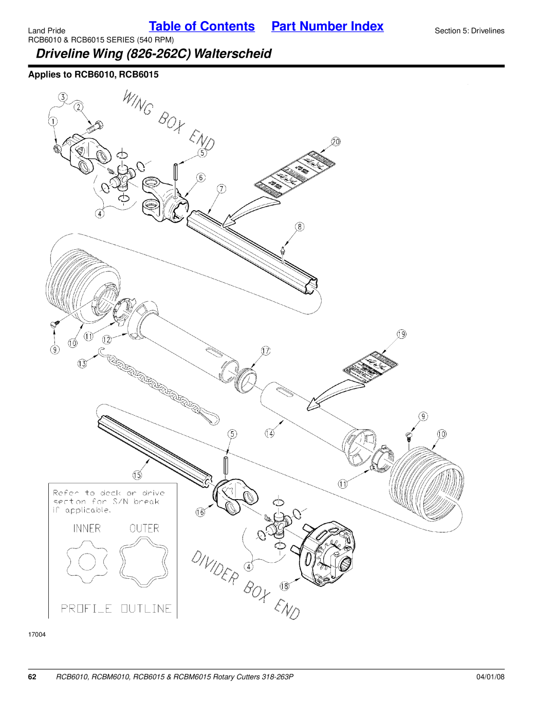Land Pride RCB6010, RCBM6015, RCB6015, RCBM6010 manual Driveline Wing 826-262C Walterscheid 