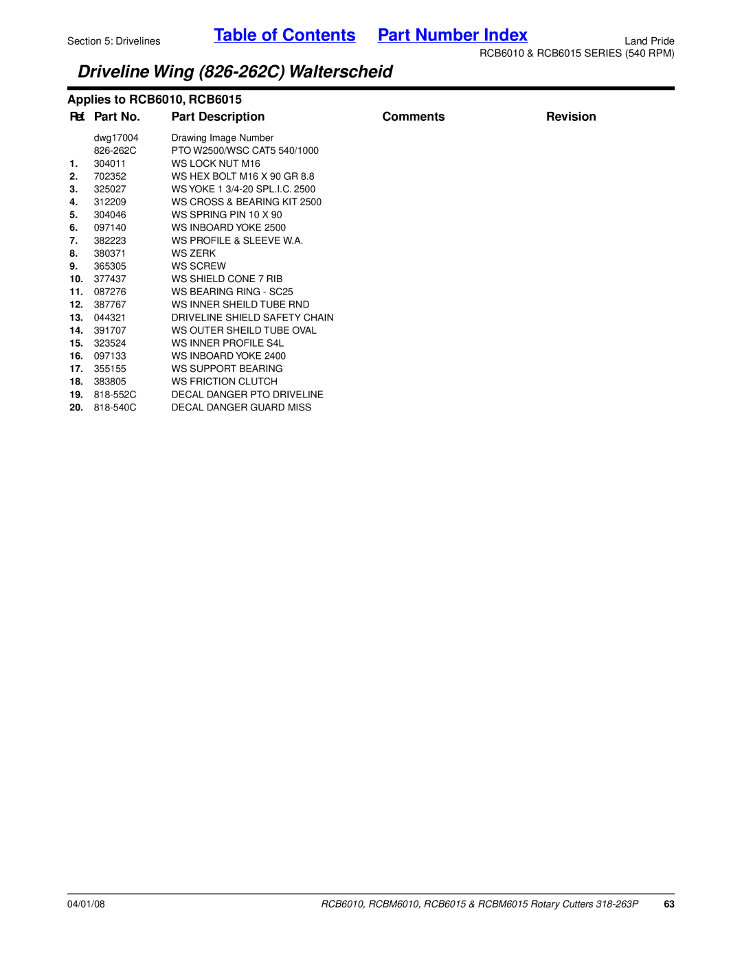 Land Pride RCBM6010, RCBM6015, RCB6015 WS Profile & Sleeve W.A, WS Screw, WS Shield Cone 7 RIB, WS Inner Sheild Tube RND 