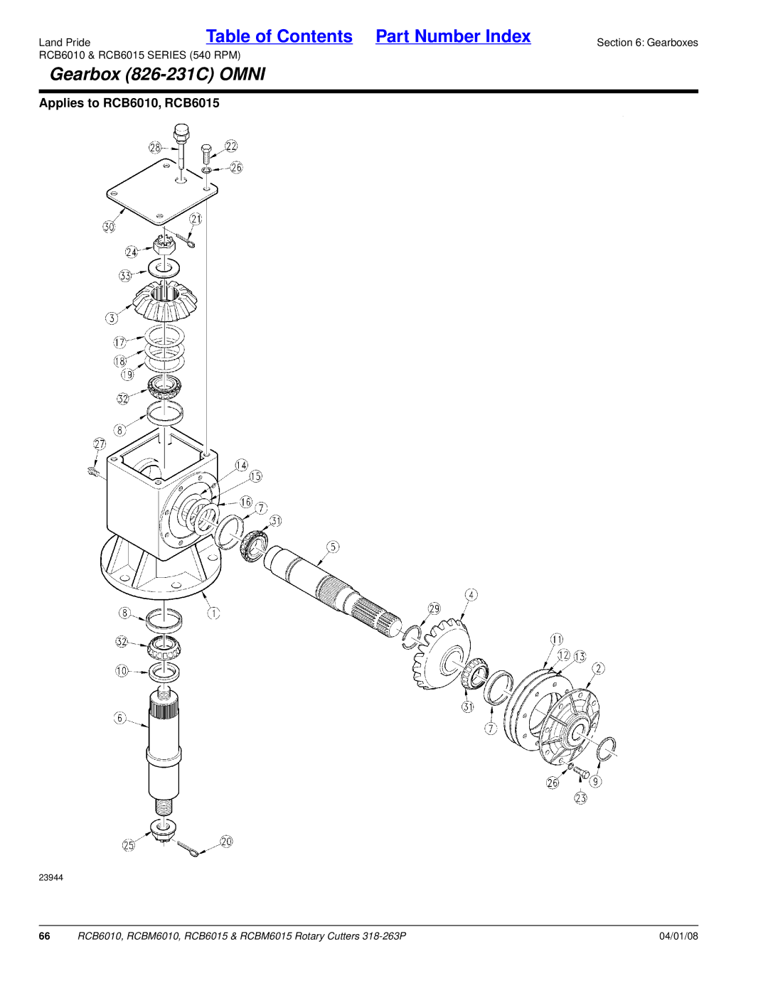 Land Pride RCB6010, RCBM6015, RCB6015, RCBM6010 manual Gearbox 826-231C Omni 
