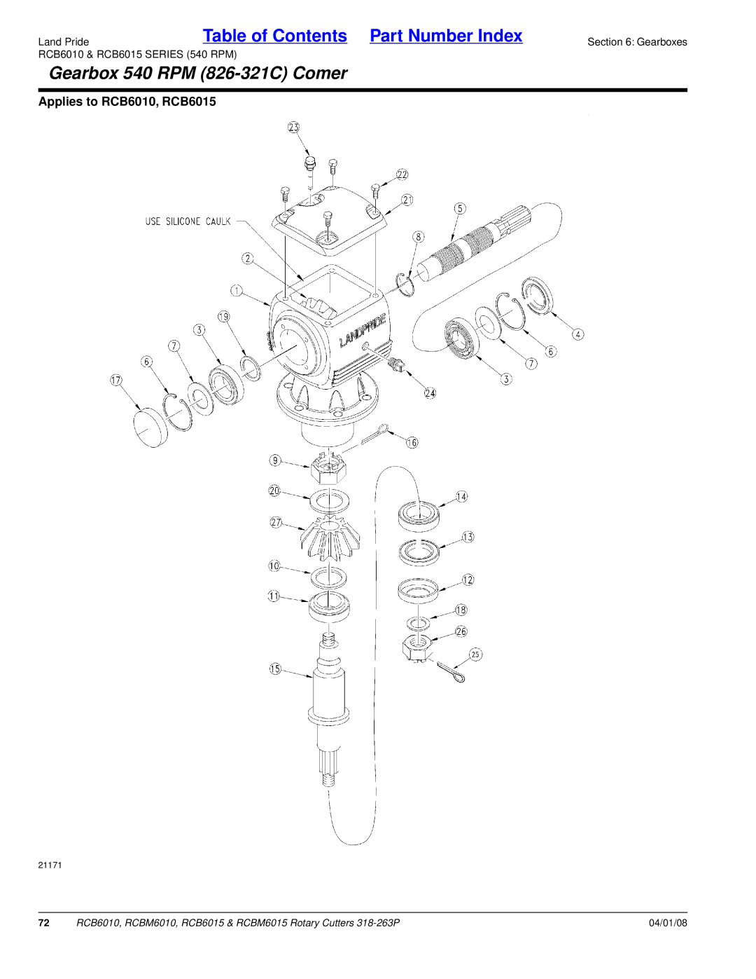 Land Pride RCBM6015, RCB6015, RCB6010, RCBM6010 manual Gearbox 540 RPM 826-321C Comer 