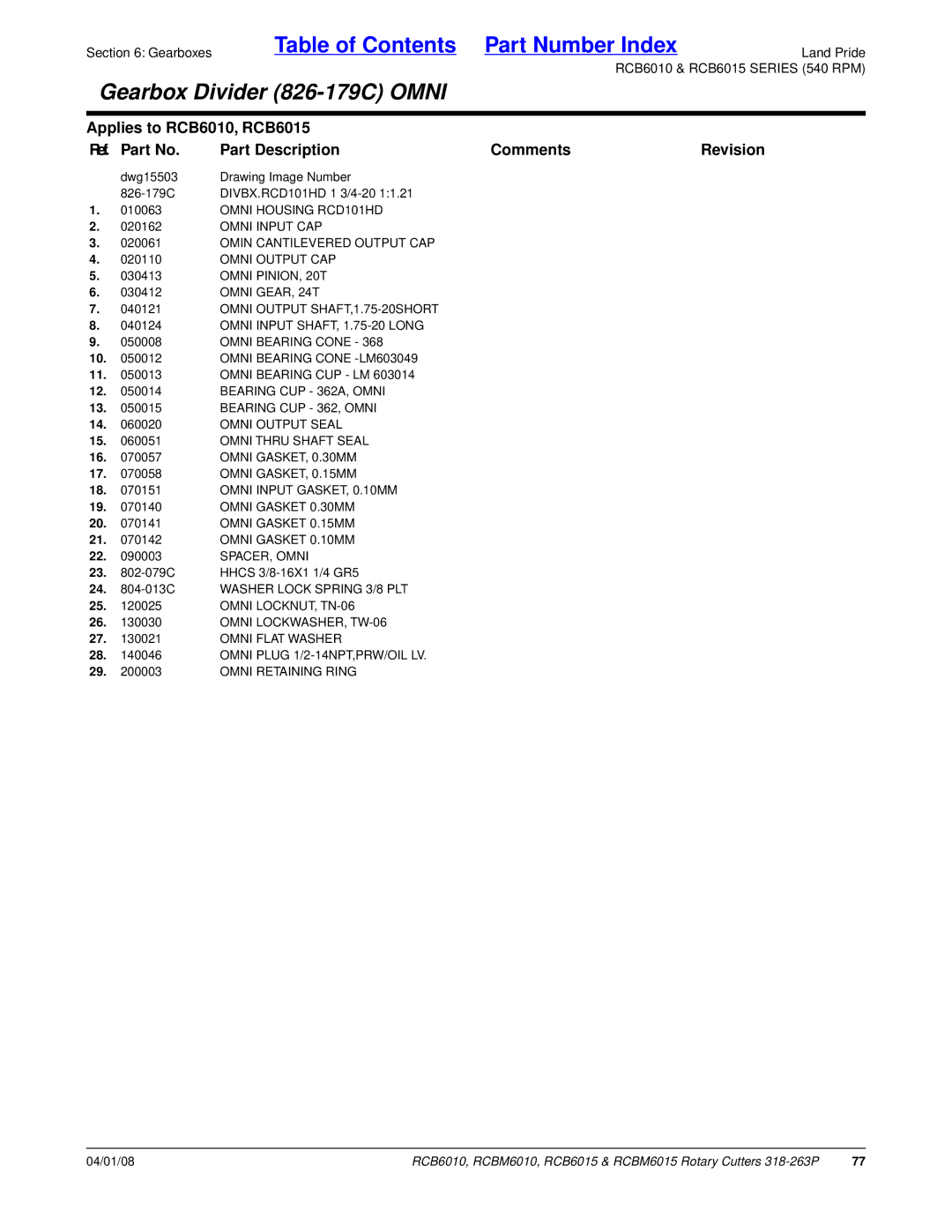 Land Pride RCB6015 Omni Housing RCD101HD, Omin Cantilevered Output CAP, Omni Output CAP, Omni PINION, 20T, Omni GEAR, 24T 