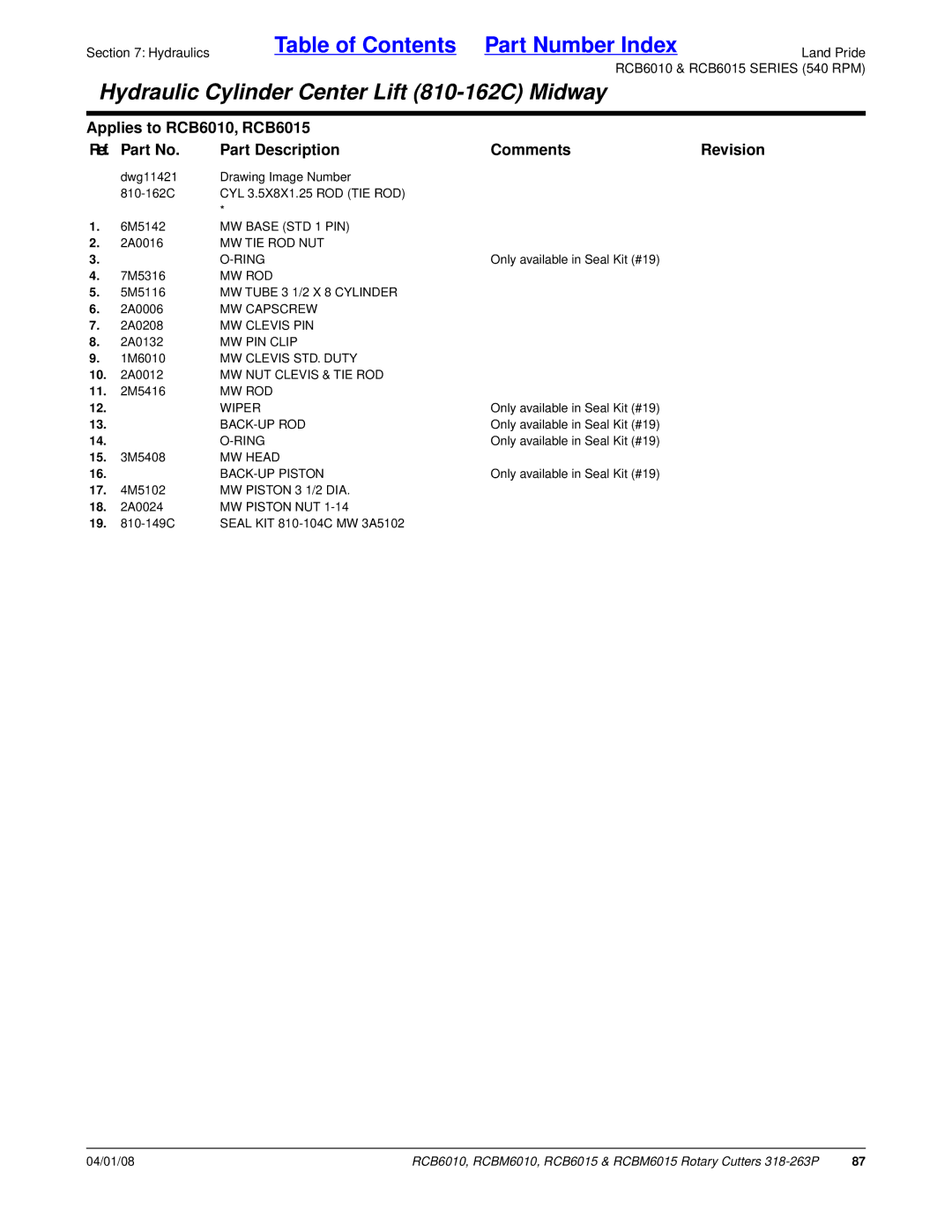 Land Pride RCBM6010 MW Base STD 1 PIN, MW TIE ROD NUT Ring, Mw Rod, MW Tube 3 1/2 X 8 Cylinder, MW Capscrew, MW Clevis PIN 