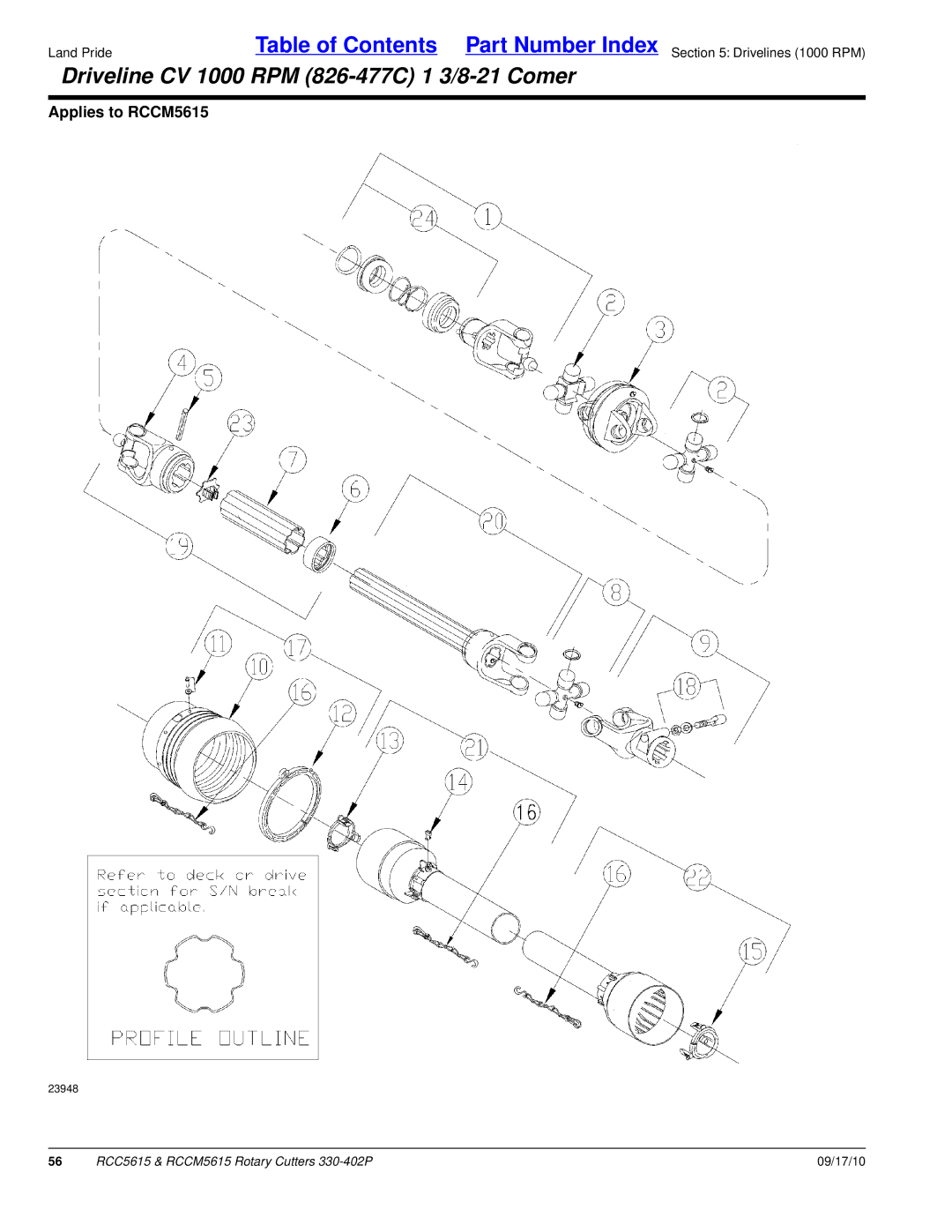 Land Pride RCCM5615, RCC5615 manual Driveline CV 1000 RPM 826-477C 1 3/8-21 Comer 