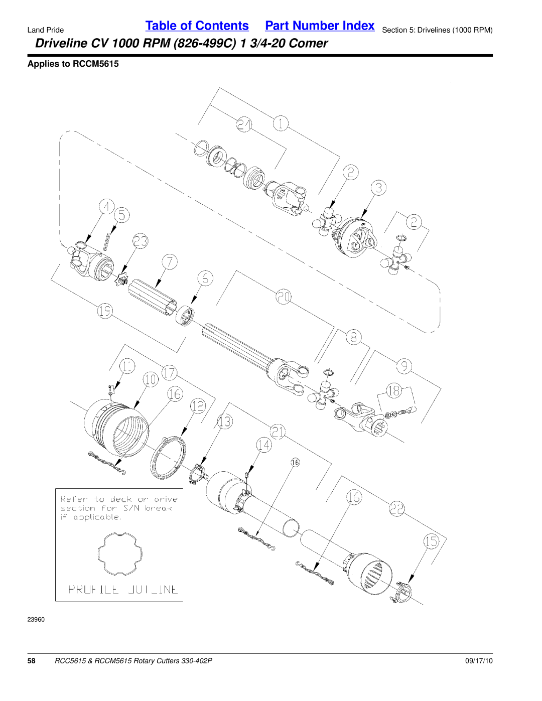 Land Pride RCCM5615, RCC5615 manual Driveline CV 1000 RPM 826-499C 1 3/4-20 Comer 