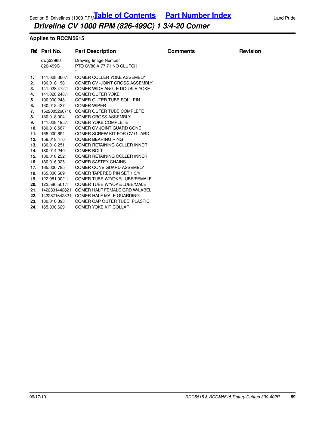 Land Pride RCC5615, RCCM5615 manual 24 .000.629 Comer Yoke KIT Collar 