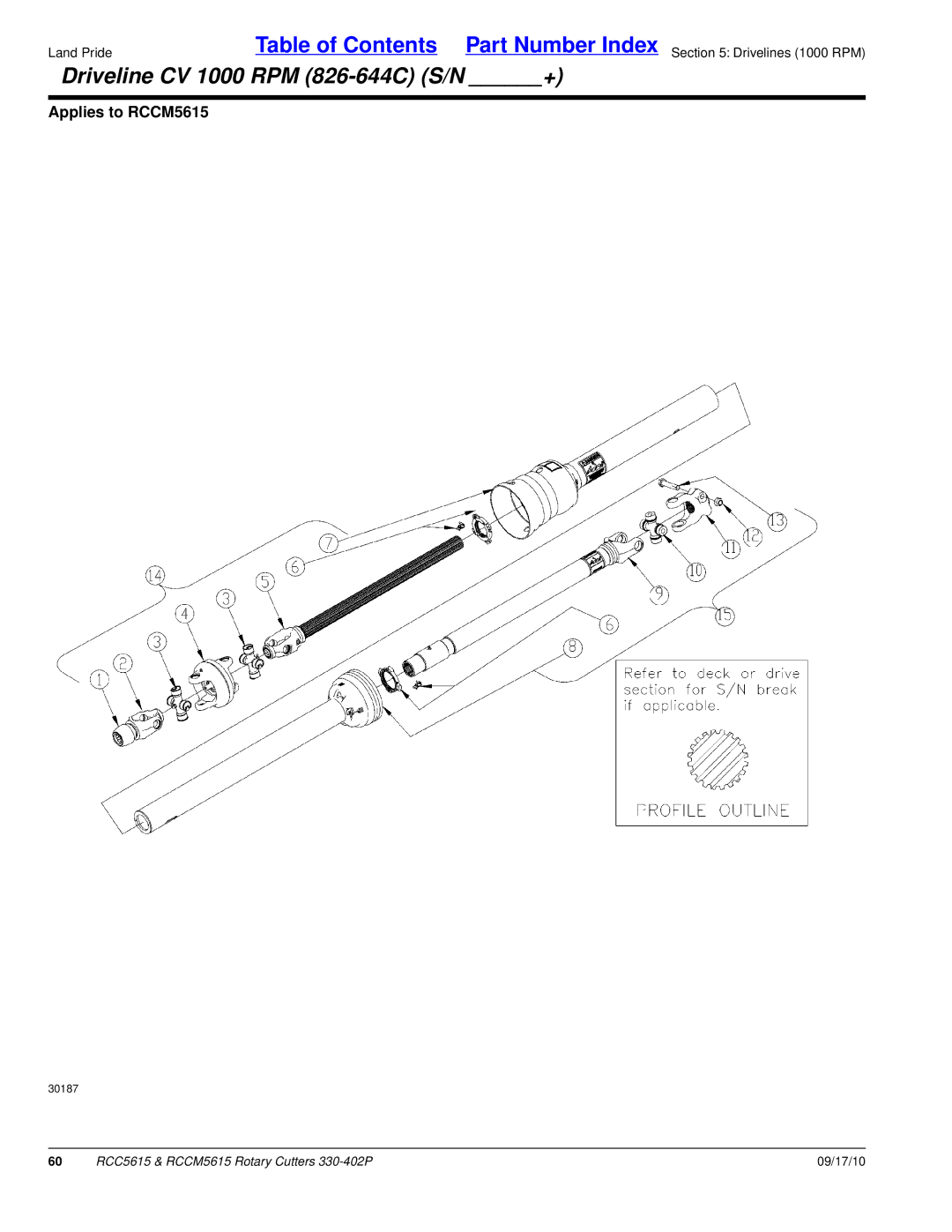 Land Pride RCCM5615, RCC5615 manual Driveline CV 1000 RPM 826-644C S/N + 