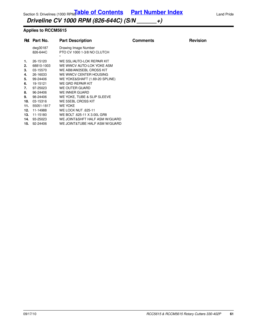 Land Pride RCC5615, RCCM5615 manual WE SSL/AUTO-LOK Repair KIT WE Wwcv AUTO-LOK Yoke ASM, WE Wwcv Center Housing, WE Yoke 