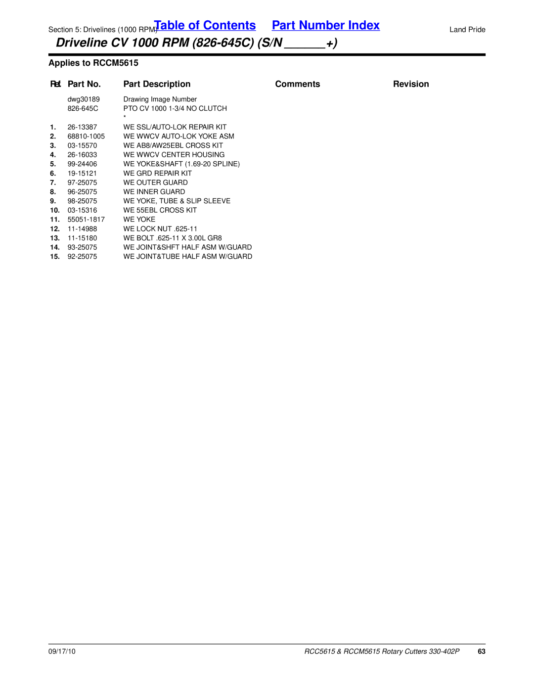 Land Pride RCC5615, RCCM5615 manual Driveline CV 1000 RPM 826-645C S/N + 
