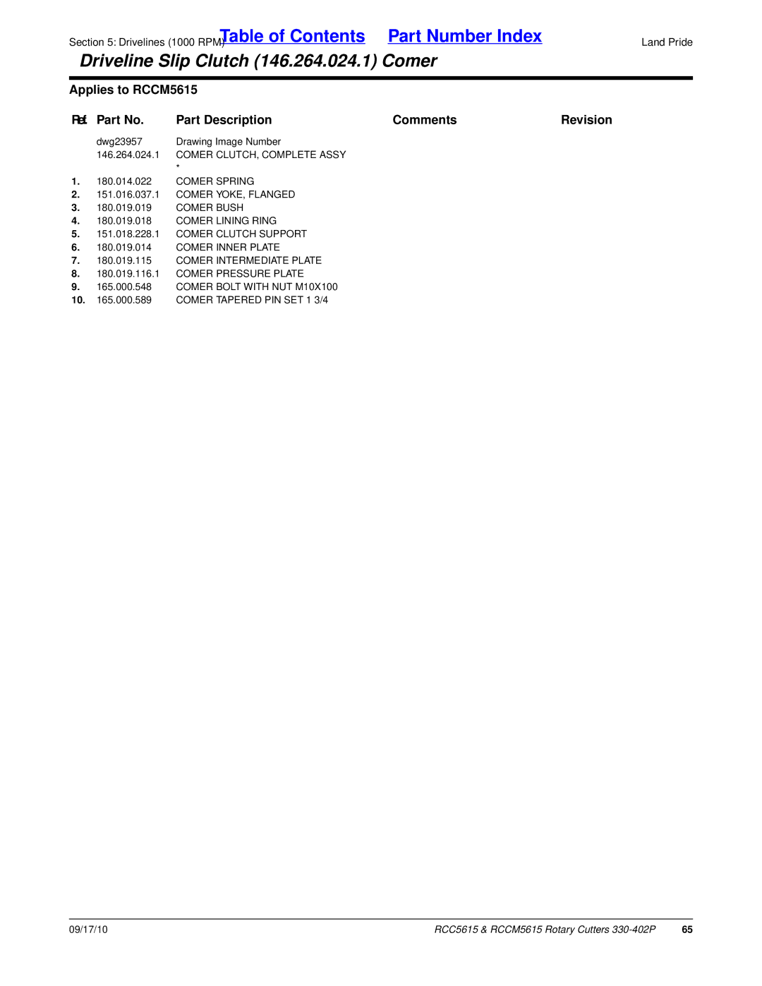 Land Pride RCC5615, RCCM5615 manual Comer CLUTCH, Complete Assy Comer Spring, Comer Bush, Comer Intermediate Plate 