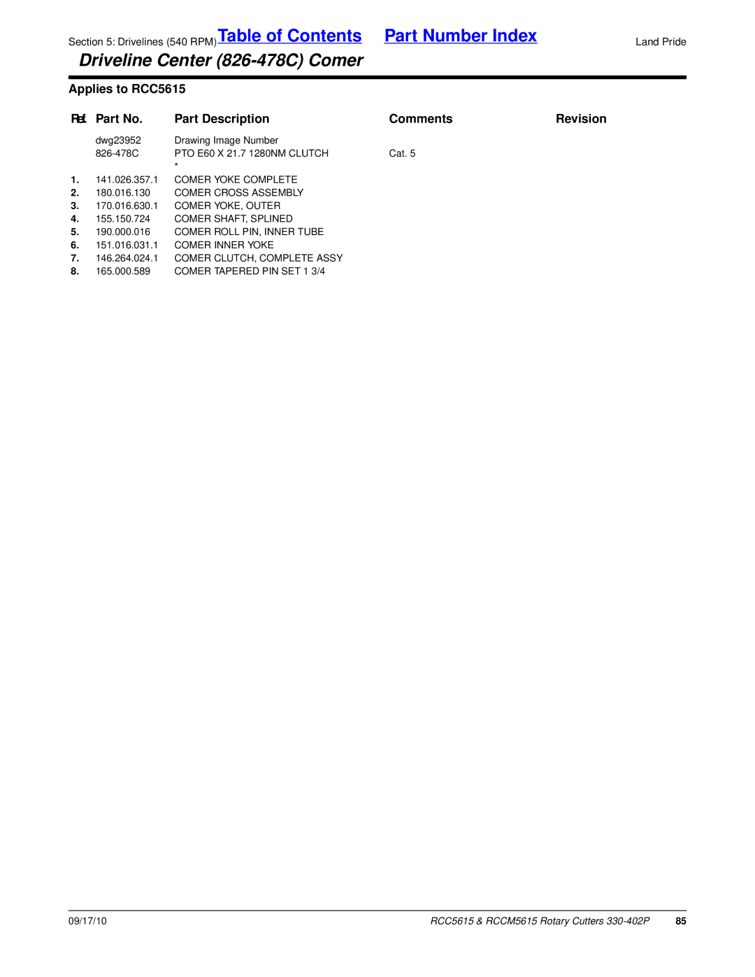 Land Pride RCC5615, RCCM5615 manual Drivelines 540 RPMTable of Contents 