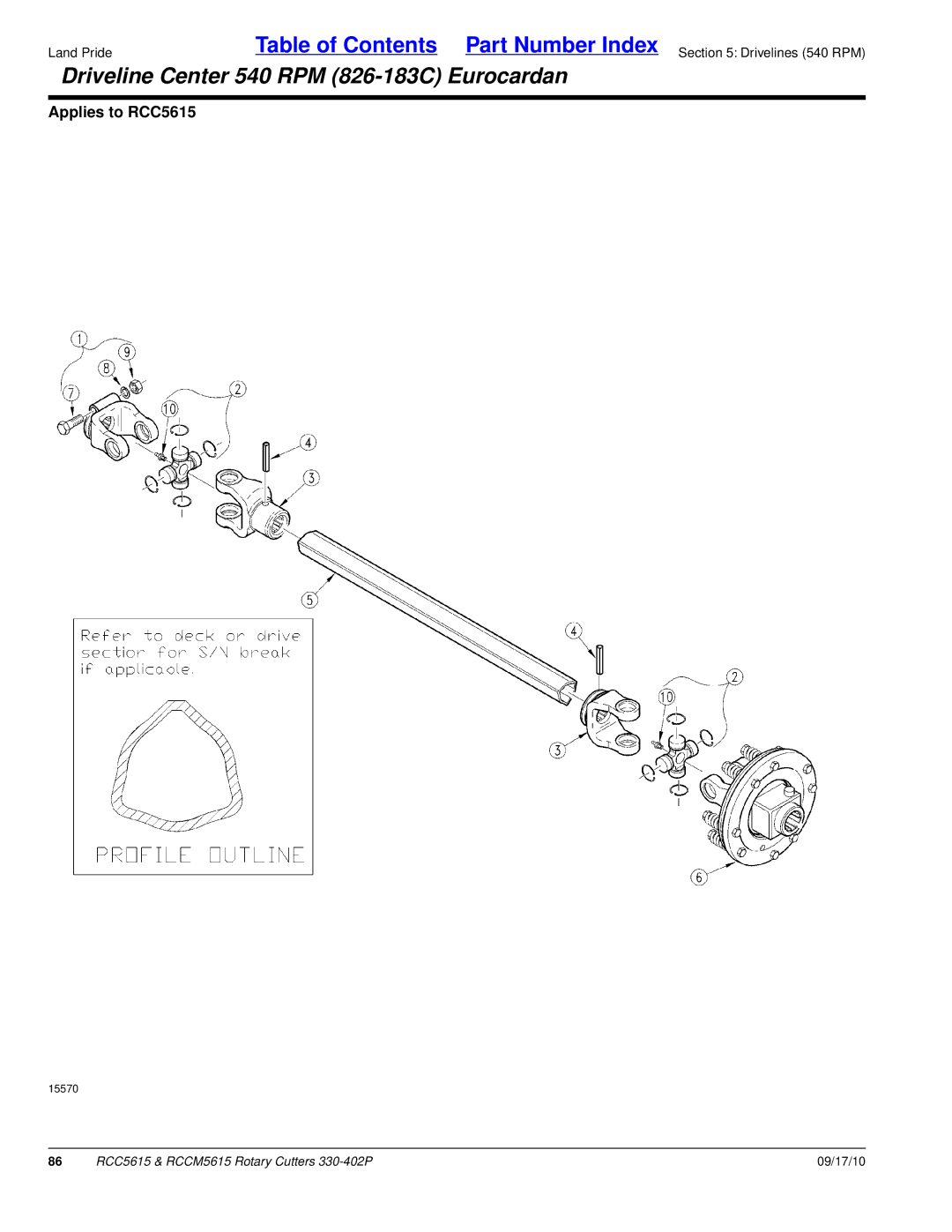 Land Pride RCCM5615, RCC5615 manual Driveline Center 540 RPM 826-183C Eurocardan 