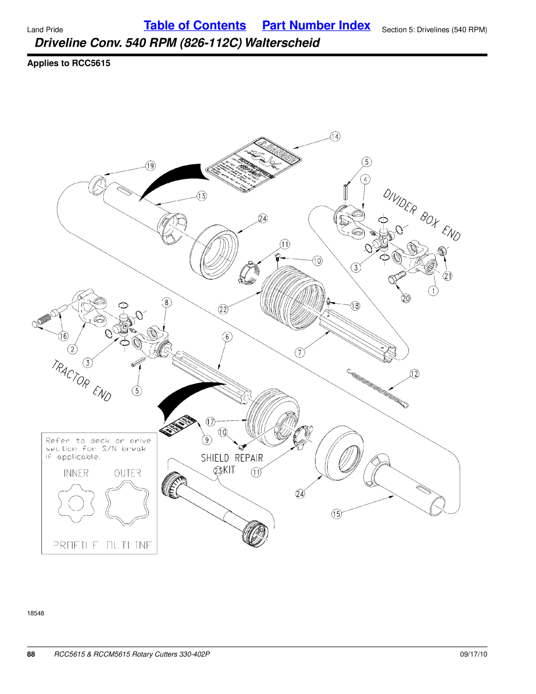 Land Pride RCCM5615, RCC5615 manual Driveline Conv RPM 826-112C Walterscheid 