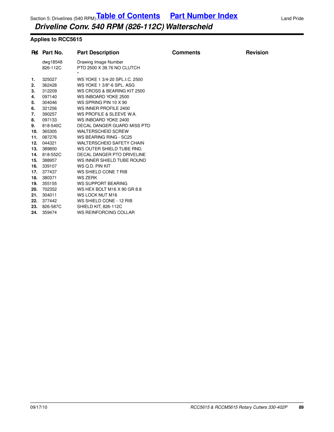 Land Pride RCC5615, RCCM5615 manual WS Inner Profile, WS Outer Shield Tube RND, WS Inner Shield Tube Round, Ws Q.D. Pin Kit 